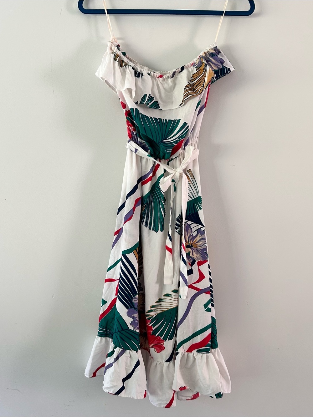 VTG White Tropical Off-Shoulder Strapless Floral Midi Dress